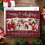Carte Postale Calligraphie Coeur Noël 3 Photo Rouge Plaid<br><div class="desc">Calligraphie moderne Script cardiaque Joyeux Noël 3 Photo Carte postale de vacances - Rouge Buffalo Plaid</div>