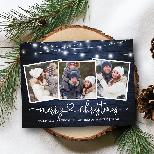 Carte Postale Calligraphie Coeur Noël Bleu Bois Lumières