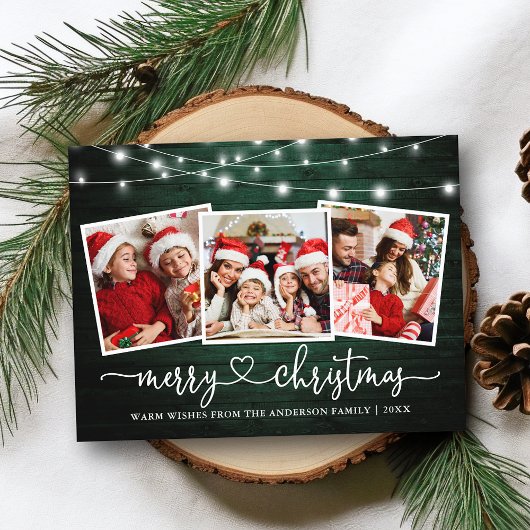 Carte Postale Calligraphie Coeur Noël Vert Bois Lumières