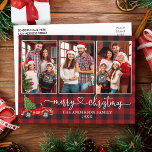 Carte Postale Calligraphie Coeur Plaid 3 Photo Camion de Noël<br><div class="desc">Calligraphie moderne Script cardiaque 3 Photo Famille Photo Collage Rustique Rouge Buffalo Plaid Joyeux Carte postale de Noël - Aquarelle Vintage Camion rouge avec arbre de Noël</div>