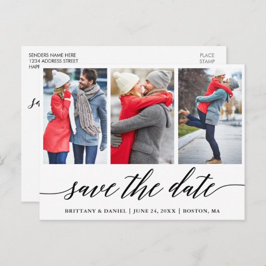 Carte Postale Calligraphie Enregistrer La Date Fiançailles 3 Pho (Devant / Derrière)