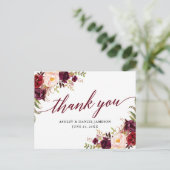 Carte Postale Calligraphie Floral Bourgogne Mariage Merci (Debout devant)