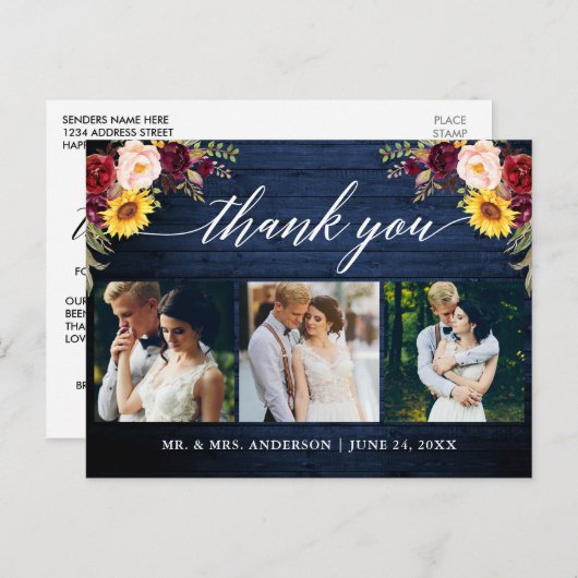 Carte Postale Calligraphie Floral Mariage Merci en bois bleu (Devant / Derrière)