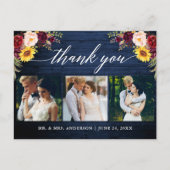 Carte Postale Calligraphie Floral Mariage Merci en bois bleu (Devant)