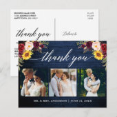 Carte Postale Calligraphie Florale Mariage Bleu Bois Merci (Devant / Derrière)