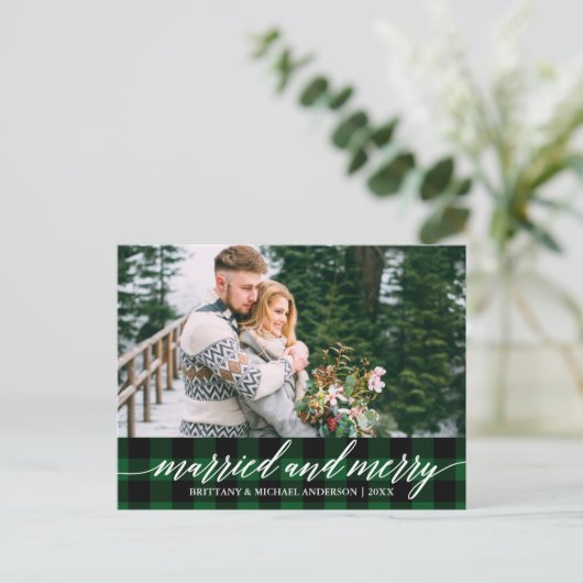 Carte Postale Calligraphie Green Plaid Marié et Joyeux Mariage (Debout devant)