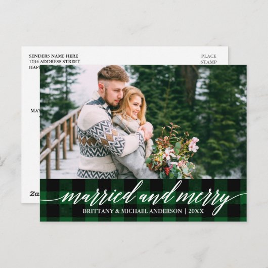 Carte Postale Calligraphie Green Plaid Marié et Joyeux Mariage (Devant / Derrière)