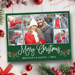 Carte Postale Calligraphie Holly 5 Photo Couple Christmas Green<br><div class="desc">Moderne Fun Calligraphie Script 5 Photo Couple Photo Collage Joyeux Noël Carte postale inclut Aquarelle Christmas Holly Berries - Forest Green Arrière - plan</div>