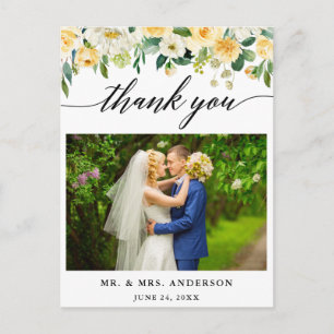 Carte Postale Calligraphie Jaune Floral Mariage Photo Merci