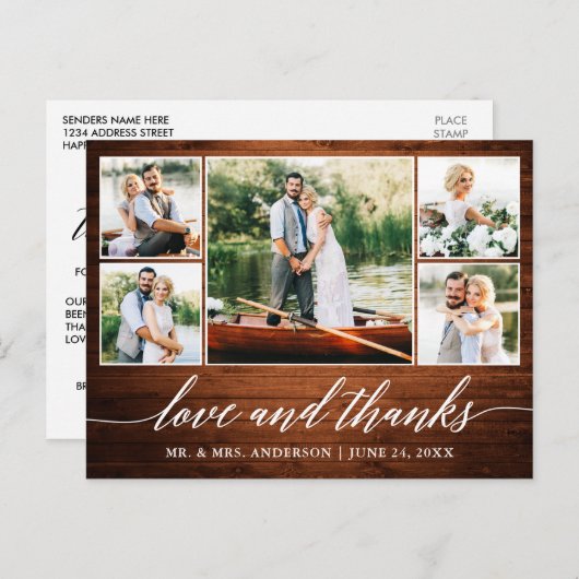 Carte Postale Calligraphie Mariage Bois 5 Photo Amour Merci (Devant / Derrière)