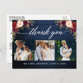 Carte Postale Calligraphie Mariage Bourgogne Bleu Bois Merci (Devant / Derrière)