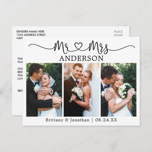 Carte Postale Calligraphie moderne Coeur Mariage 3 Merci photo (Devant / Derrière)