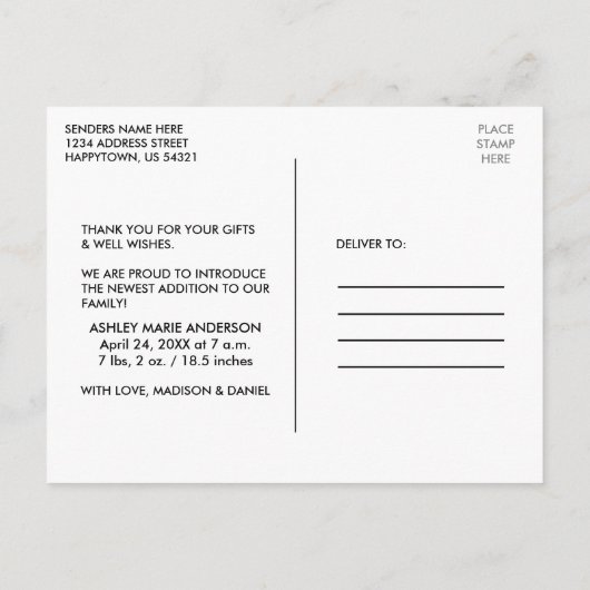 Carte Postale Calligraphie Moderne Cœur Nouveau Bébé Merci (Dos)