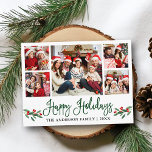 Carte Postale Calligraphie moderne Holly 5 Photo Holiday<br><div class="desc">Moderne Fun Calligraphy Script 5 Photo Famille Photo Collage Happy Holidays Carte postale inclut Aquarelle Christmas Holly Berries - Green Script</div>