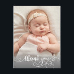 Carte Postale Calligraphie moderne Nouveau-né Merci photo bébé<br><div class="desc">Elégant Chic Moderne Calligraphie Script Photo Nouveau-né Baby Merci Carte Postale. Dispose d'un beau texte "merci" dans un script de calligraphie de police de caractères en noir et blanc. À l'arrière, le message personnel pré-fait. Idéal pour bébé garçon ou petite fille. Facile à personnaliser avec votre photo bébé et les...</div>