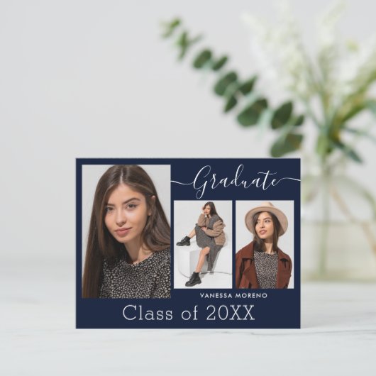 Carte Postale Calligraphie moderne Script bleu 3 Photo Graduatio (Debout devant)