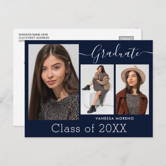Carte Postale Calligraphie moderne Script bleu 3 Photo Graduatio (Devant / Derrière)