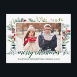 Carte Postale Calligraphie Noël Verdure Couple Photo Vert<br><div class="desc">Design Élégant Script de calligraphie Joyeux Noël Aquarelle de Noël Vacances Verdure Couple Photo Carte postale</div>