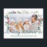 Carte Postale Calligraphie Noël Verdure Famille Photo verte<br><div class="desc">Design Élégant Script Joyeux Noël Aquarelle Vacances Verdure Photo de famille Carte postale</div>