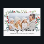 Carte Postale Calligraphie Noël Verdure Photo de famille<br><div class="desc">Design Élégant Script Joyeux Noël Aquarelle Vacances Verdure Photo de famille Carte postale</div>