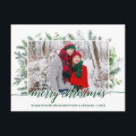 Carte Postale Calligraphie Pin de Noël Vert Couple Vert<br><div class="desc">Design Élégant Script Joyeux Noël Aquarelle Vacances Pin Vert Couple Photo Carte postale</div>