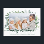 Carte Postale Calligraphie Pin de Noël Vert Photo<br><div class="desc">Script de calligraphie moderne élégante Joyeux Noël Aquarelle Vacances Pin vert Carte postale - Script vert</div>