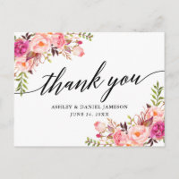 Calligraphie Pink Blush Floral Mariage Merci