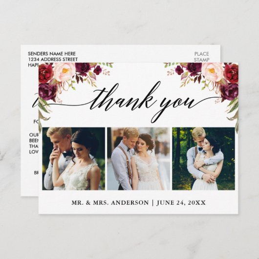 Carte Postale Calligraphie Remerciement Photo de Mariage Bourgog (Devant / Derrière)