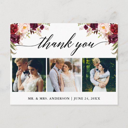 Carte Postale Calligraphie Remerciement Photo de Mariage Bourgog (Devant)