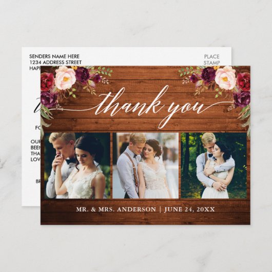 Carte Postale Calligraphie Remerciement Photo Mariage Bois Bourg (Devant / Derrière)