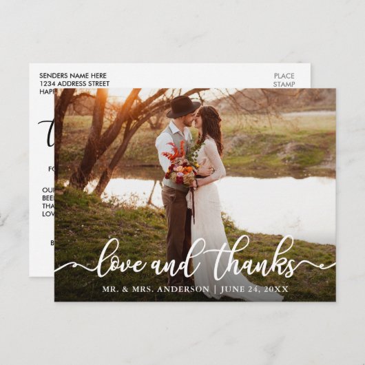 Carte Postale Calligraphie Script Love Thanks Photo Mariage (Devant / Derrière)