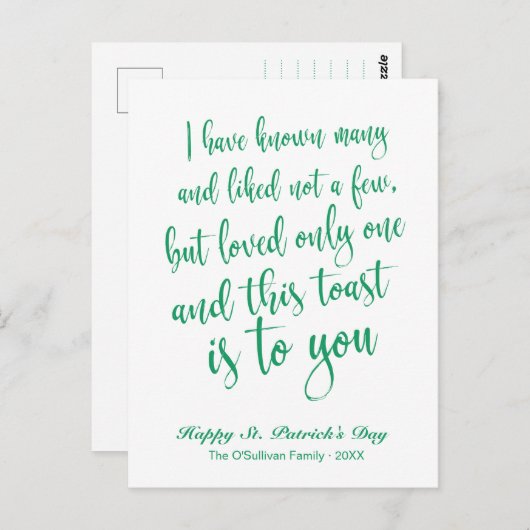 Carte Postale Calligraphie simple Irlandais Toast St. Patrick's  (Devant / Derrière)