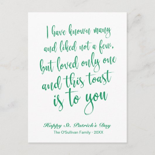 Carte Postale Calligraphie simple Irlandais Toast St. Patrick's  (Devant)