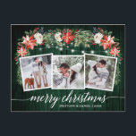 Carte Postale Calligraphie Vert Bois 3 Photo Aquarelle Florale<br><div class="desc">Script de calligraphie moderne,  Aquarelle Florale d'hiver,  Lumières à cordes Couple 3 Photo Joyeux Noël La carte postale comprend des poinsettias rouges d'aquarelle,  des roses blanches,  des baies sèches,  des cônes de pin et des feuilles de verdure botanique. Bois vert rustique.</div>