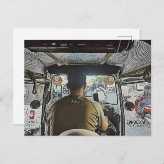Carte Postale Cambodge à l'intérieur d'un Tuk Tuk, date personna (Devant / Derrière)