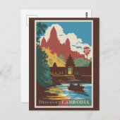 Carte Postale Cambodge Temple Illustration Voyage Art Vintage (Devant / Derrière)