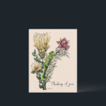 Carte Postale Caméléon floral beige vintage, pensée pour vous<br><div class="desc">Faites savoir à quelqu'un que vous pensez à eux avec cette carte postale mignonne mettant en vedette une illustration botanique unique avec un caméléon nain du Cap dans un bouquet de fleurs de protea ou sur un fond vert foncé. Cette illustration a été dessinée à la main au stylo et...</div>