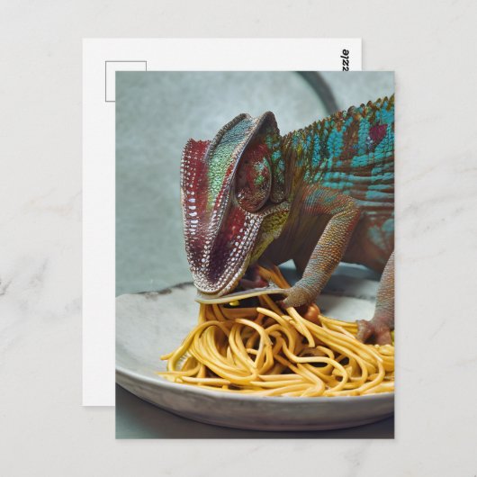 Carte Postale Caméléon mangeant des spaghetti (Devant / Derrière)