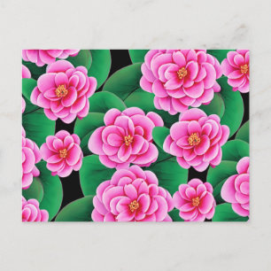 Carte Postale Camélias rose fuchsia et feuilles vert jade