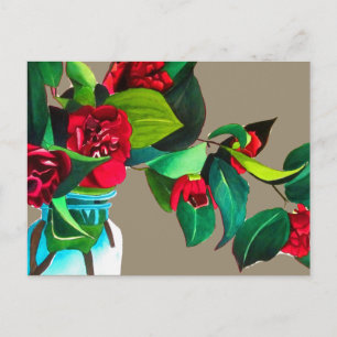 Carte Postale Camellias rouge avec fleur d'aquarelle de feuillag