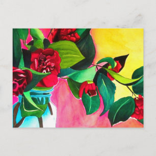 Carte Postale Camellias rouge avec vert