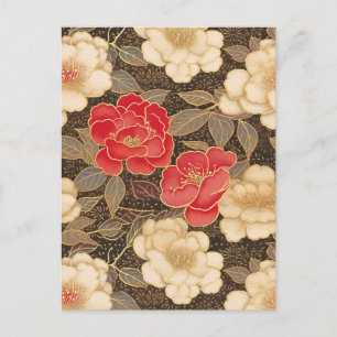 Carte Postale Camellias rouge et blanc Chiyogami