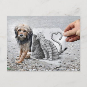 Carte Postale Caméra Crayon - Chien et Chat