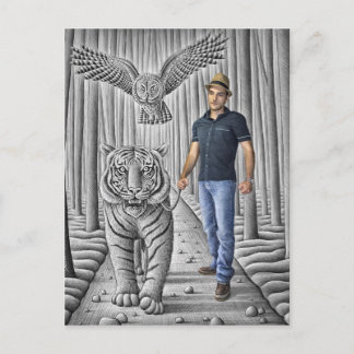 Carte Postale Caméra Crayon Vs - Tigre, Chouette, Homme