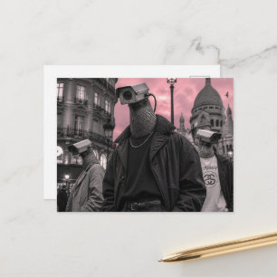 Carte Postale caméra de surveillance surréaliste pigeons rose gr