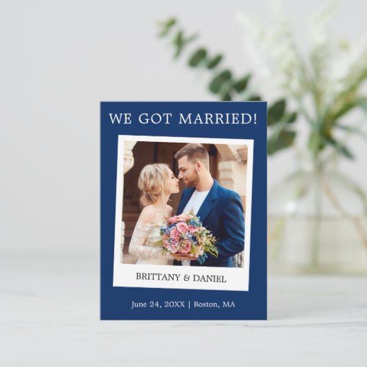 Carte Postale Caméra instantanée Mariage photo Faire-part bleu (Debout devant)