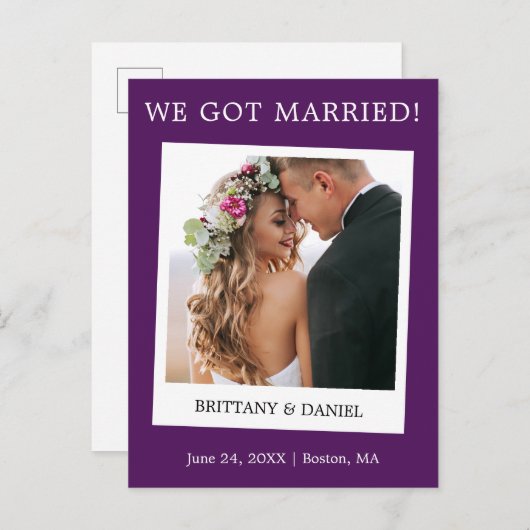 Carte Postale Caméra instantanée Mariage photo Faire-part violet (Devant / Derrière)