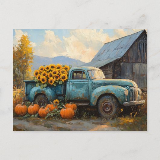 Carte Postale Camion bleu rustique avec Citrouilles et tournesol (Devant)