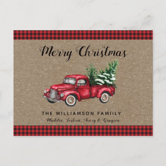 Carte Postale Camion de Noël et arbre enneigé à carreaux de Noël (Devant)