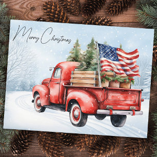 Carte Postale Camion de Noël Rouge Vintage Drapeau USA Patriotiq